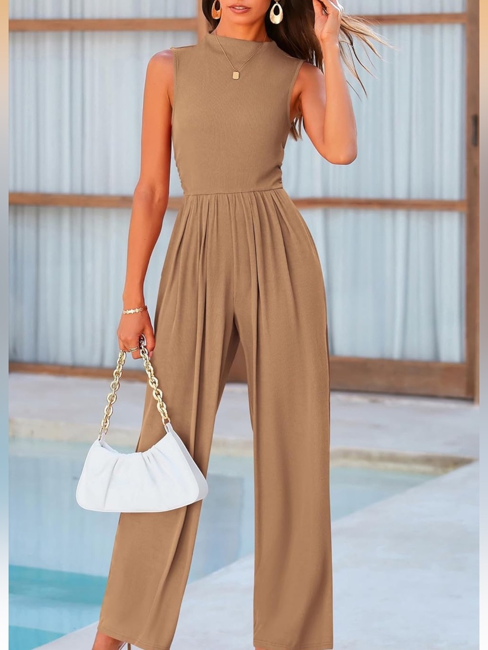 NWT Active USA Sleeveless Wide-Leg Jumpsuit in Camel Brown